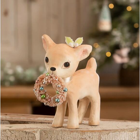 Bethany Lowe Pink Reindeer With Wreath Christmas Figure NEW - Picture 1 of 2